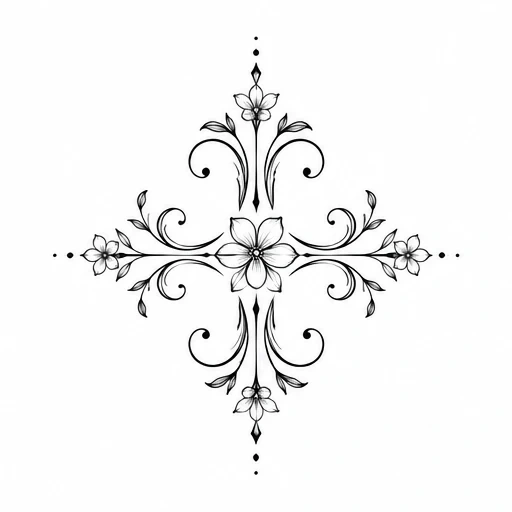 Symmetrical black line floral cross tattoo with swirling vines and four flowers