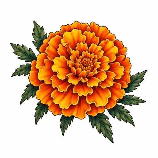 Bright orange marigold flower tattoo with detailed green leaves