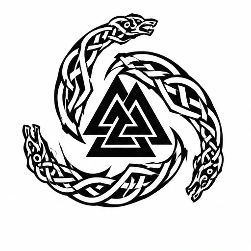 Blackwork Valknut knot tattoo with three intricately interwoven Norse serpents forming a circular pattern