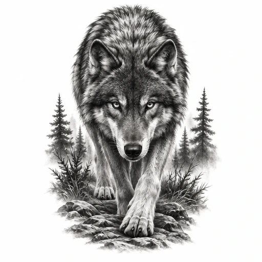 Black and grey tattoo design of a wolf walking on rocks through forest with pine trees and misty background