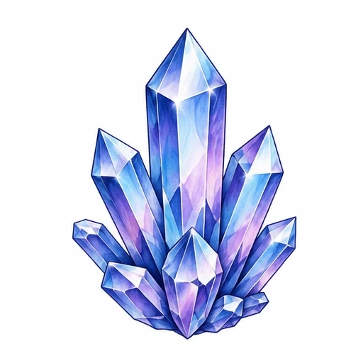 Illustration of a cluster of blue and purple amethyst crystals with sharp facets.