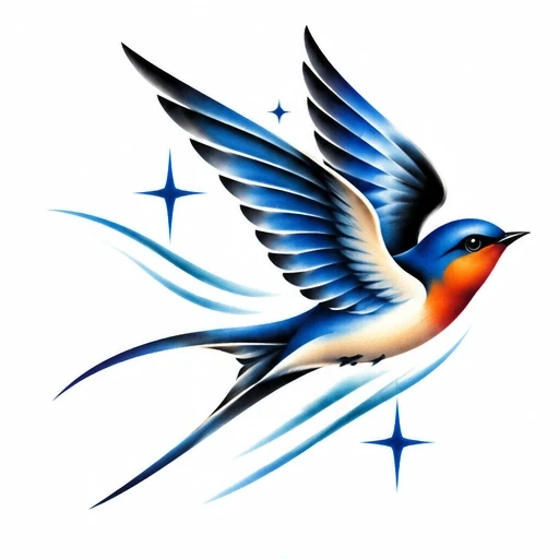 Airbrushed tattoo of a blue and orange swallow in flight with stars and motion lines