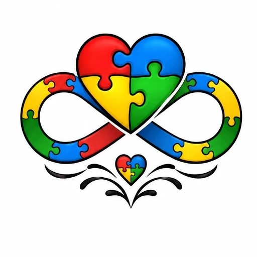 Infinity symbol and heart made of colorful puzzle pieces with a small puzzle heart below