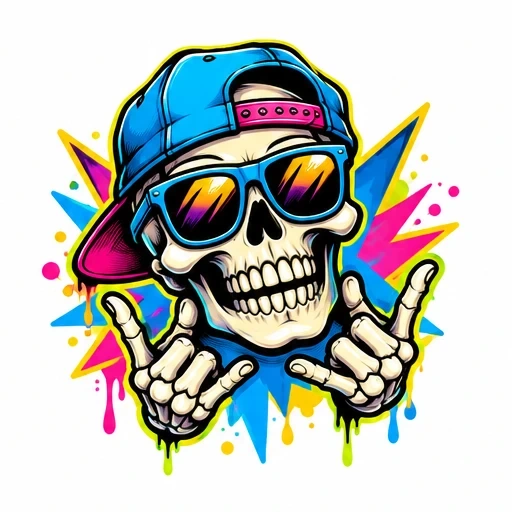 Cartoon skull with blue snapback hat and sunglasses making hand gestures with vibrant paint splash background