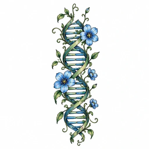 DNA double helix tattoo intertwined with green vines and blue flowers