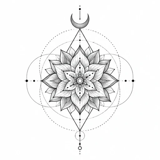Black and gray mandala flower tattoo with geometric lines and crescent moon