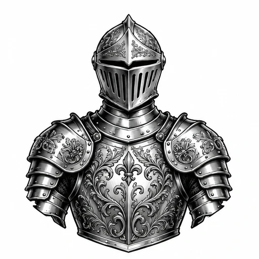 Detailed tattoo design of ornate medieval plate armor with engraved floral patterns and fleur-de-lis symbol