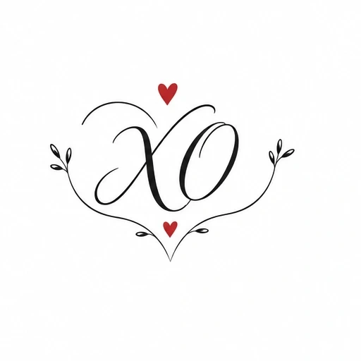 Black script 'XO' with delicate leaf flourishes and two small red hearts above and below lettering.