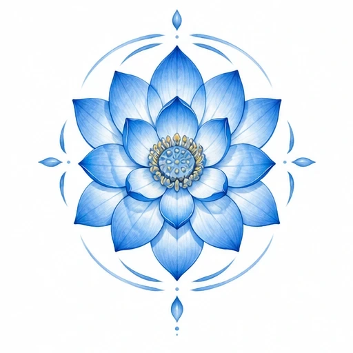 Blue lotus flower mandala with layered blue petals and central textured seed pod