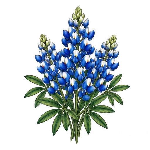 Illustration of a cluster of bluebonnet flowers with blue and white petals and green leaves