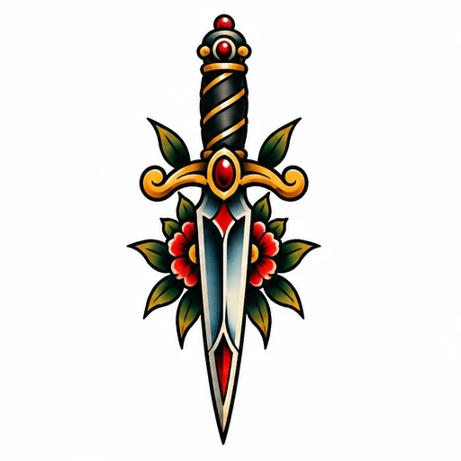 Traditional style dagger tattoo with red flowers and green leaves behind the blade, gold and black handle with red gems.