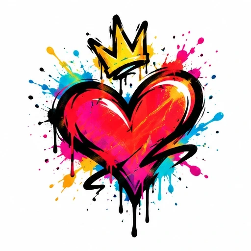 Graffiti style red heart with black outline and yellow crown above, surrounded by colorful paint splashes and drips.