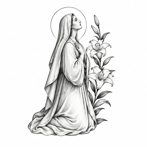 Fine line black and gray tattoo art of kneeling Mother Mary with halo and lilies.