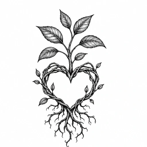 Tattoo design of a heart-shaped twisted tree knot with leaves growing on top and roots extending below