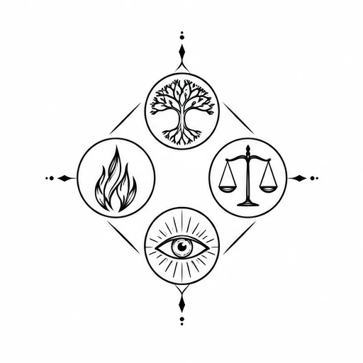 Minimalist tattoo design with tree, fire, balanced scales, and eye symbols arranged in a diamond pattern with decorative lines.