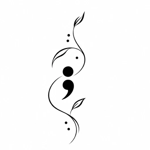 Tattoo design of a semicolon integrated with swirling vine lines and small leaves in black ink.
