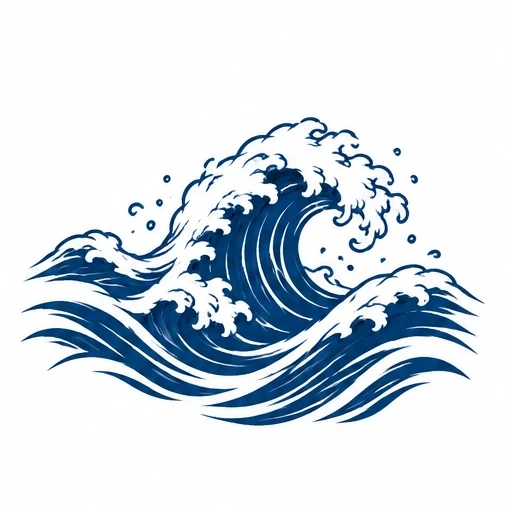 Illustration of a large curling ocean wave with white foam and bubbles rendered in deep blue ink