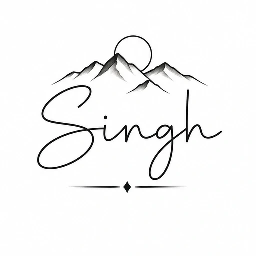 Tattoo design of 'Singh' in cursive below shaded mountains with a rising sun and decorative line