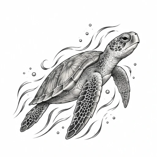 Black and gray sea turtle tattoo illustration with detailed scales and flowing lines suggesting swimming motion.