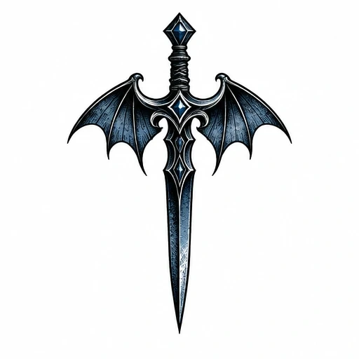 Tattoo design of a gothic dagger with bat wings and blue diamond gemstones