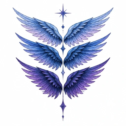 Three pairs of blue to violet gradient angel wings arranged vertically with central blue star shapes