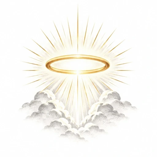 Golden halo with radiant beams above shaded clouds on white background