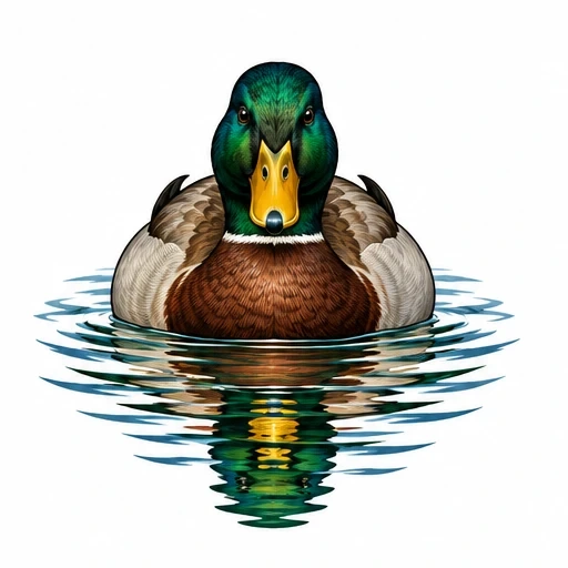 Front-facing mallard duck on water with reflections and ripples