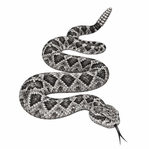 Black and grey coiled rattlesnake illustration with detailed diamond scales and forked tongue flicking out.