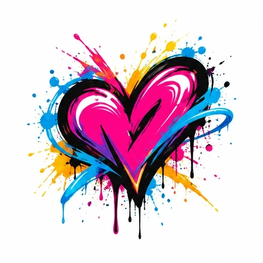Bright graffiti-style pink heart with black outline and multicolor paint splashes and drips