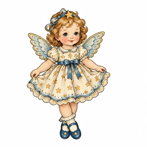 Vintage kewpie fairy girl with curly hair, blue bow, starry cream dress, blue wings and blue shoes.
