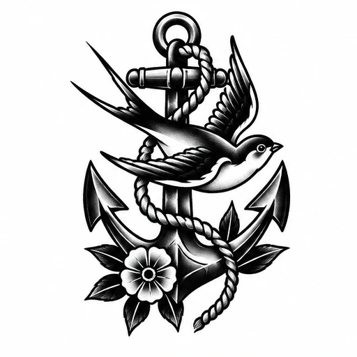 Black and white tattoo of an anchor with a coiled rope, a flying swallow, and a flower with leaves.