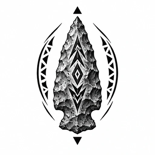 Black detailed arrowhead with textured stone-like surface surrounded by curved lines containing triangular patterns and solid black triangles above and below.