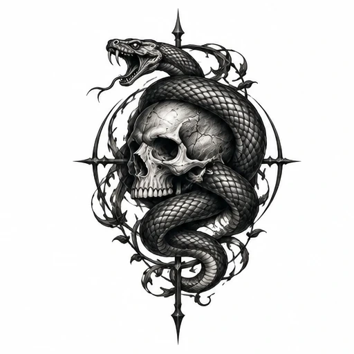 Black and grey tattoo design of a snake coiling around a cracked skull with pointed vines and crosshair background