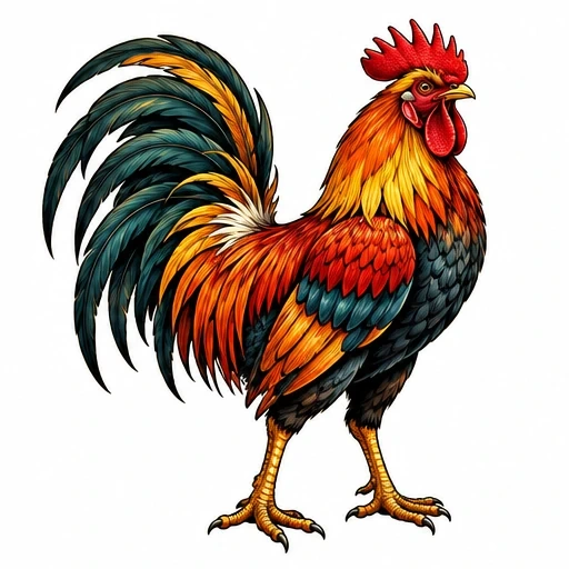 Colorful realistic rooster illustration with detailed feathers and bright red comb