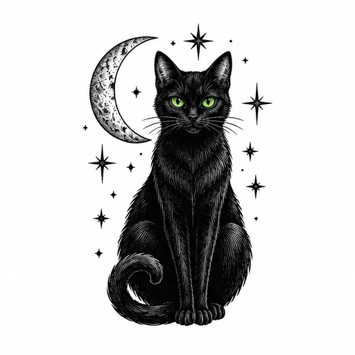 Black cat with vibrant green eyes sitting, crescent moon and stars around it.