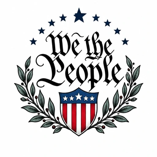 Tattoo design of 'We the People' in Gothic script with stars, laurel branches, and American shield.