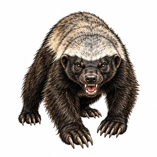 Illustration of an aggressive honey badger with detailed textured fur, sharp claws, and open mouth