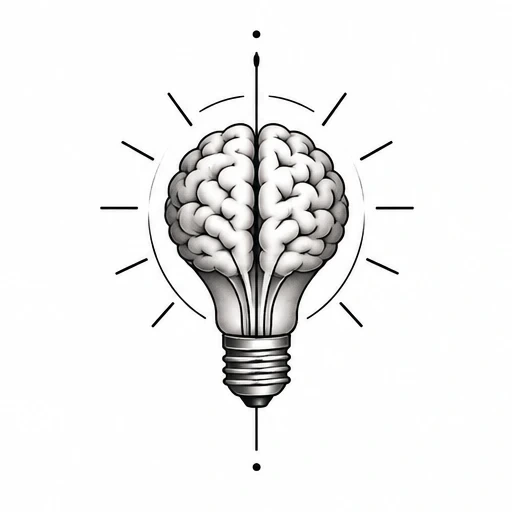 Tattoo design of a lightbulb with brain as the bulb element in black and gray shading.
