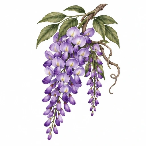Realistic wisteria flower cluster in purple with green leaves and brown vine branch on white background