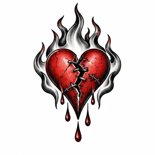 Red cracked heart with black stitches, gray and black flames around it, and blood drops dripping down.