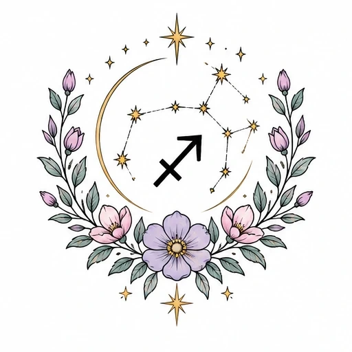 Sagittarius constellation tattoo design with crescent moon, golden stars, and pastel floral wreath.