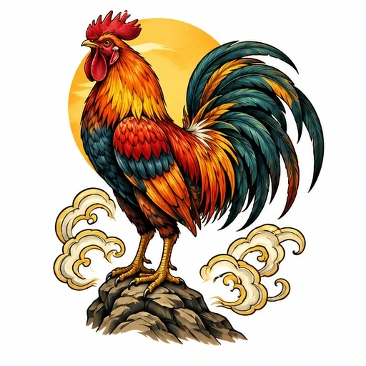 Colorful rooster with red comb and orange-blue feathers standing on a rock with a yellow sun behind and stylized smoke around the base