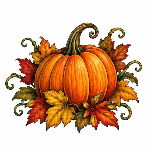 Orange pumpkin surrounded by colorful autumn leaves and curling green vines