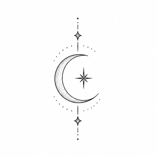 Minimalist black crescent moon tattoo with star and diamond-shaped accents