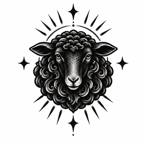 Black sheep head with curly wool and radiant rays and stars around it