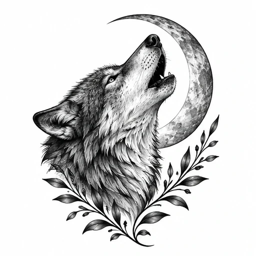 Black and grey tattoo of a lone wolf howling at a crescent moon with decorative leafy branches