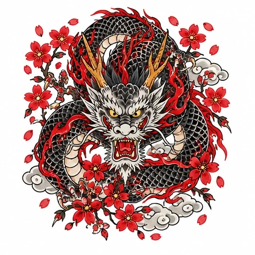 Japanese dragon tattoo design with black scales, red cherry blossoms, red flames, and light gray clouds.