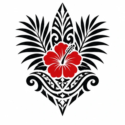 Hawaiian tribal tattoo design with red hibiscus flower and black palm fronds