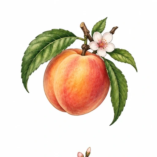 Realistic peach fruit with green leaves and a white flower blossom on white background