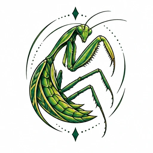 Green praying mantis tattoo design with geometric line and dot accents